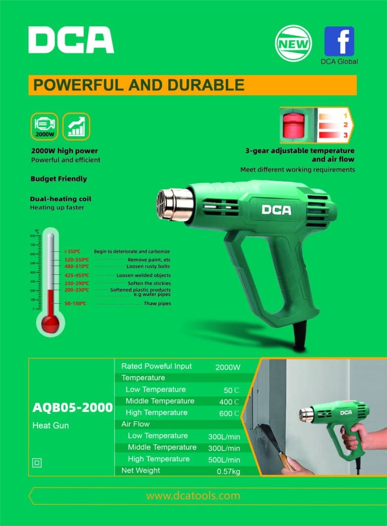 PISTOLA DE CALOR 2000W 3 NIVELES 50/400/600ºC 300/300/500L/MIN – AQB05-2000