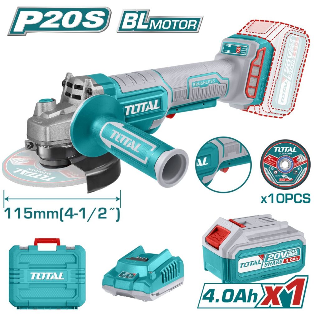 AMOLADORA 4.5″ BRUSHLESS 20V3000 – 8000RPM 115MM M14 1X4AH+CARGADOR  Y MALETIN- TAGLI2111561