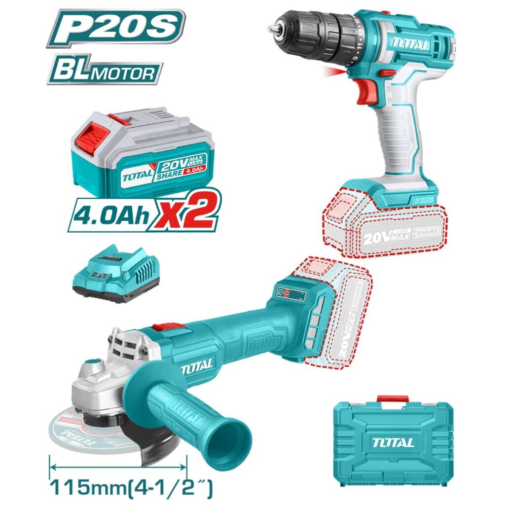 COMBO 2 EN 1 TALADRO 45NM + AMOLADORA 4.5″ 3000-9000RPM P20S INALÁMBRICA 2X4.0AH EN MALETIN INDUSTRIAL – TCKLI20157