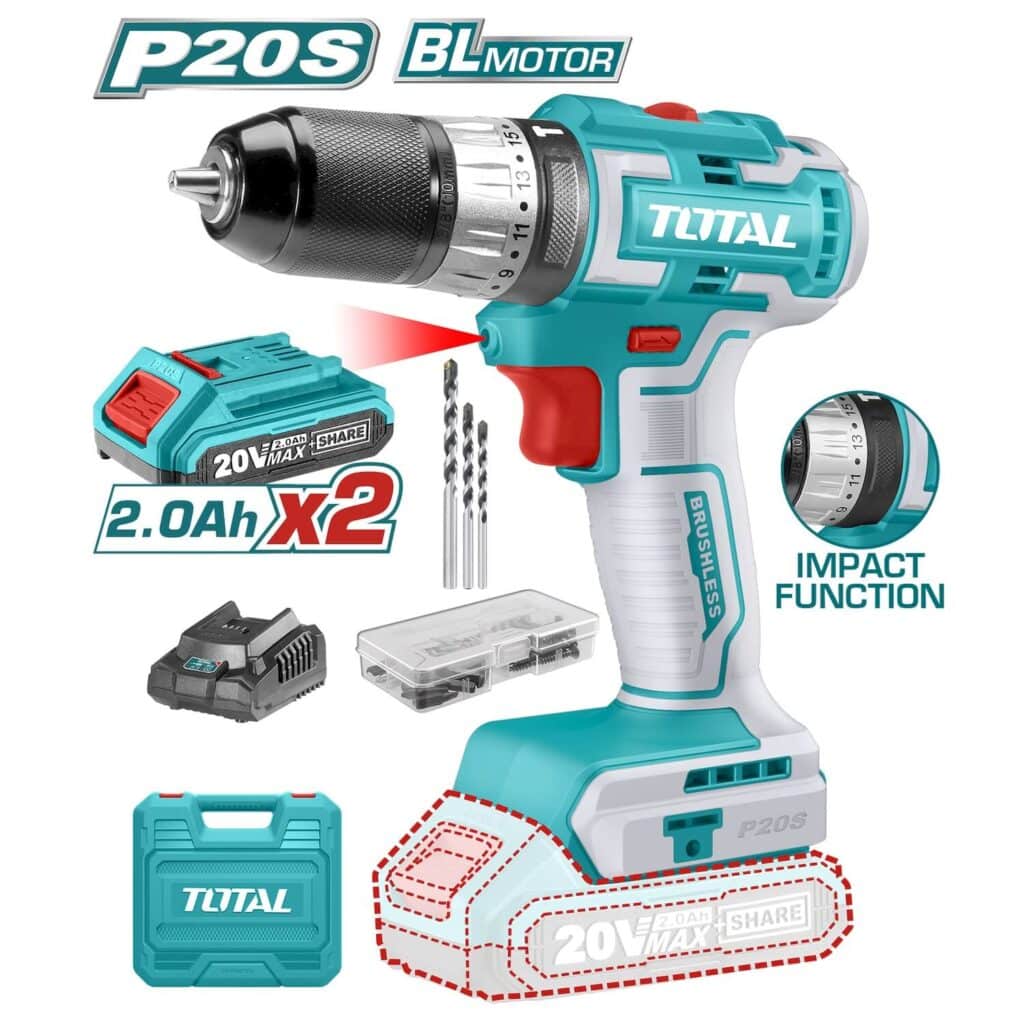 TALADRO PERCUTOR 50NM LI-ION 20V 0.8-10MM 2X2.0AH 27000BPM AUTOM M/PLASTICO INDUSTRIAL TOTAL- TIDLI20508