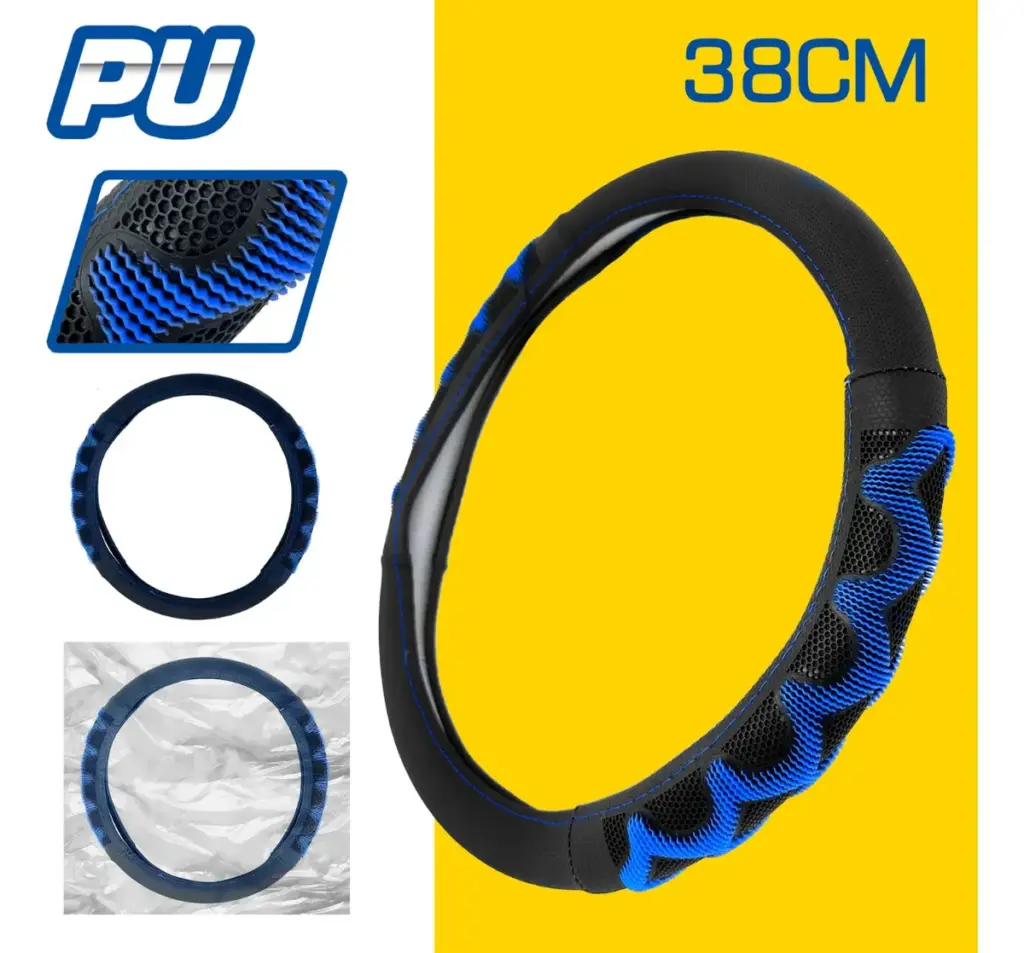 CUBRE VOLANTE PU 38CM 600G NEGRO+AZUL – SF-25114 BL