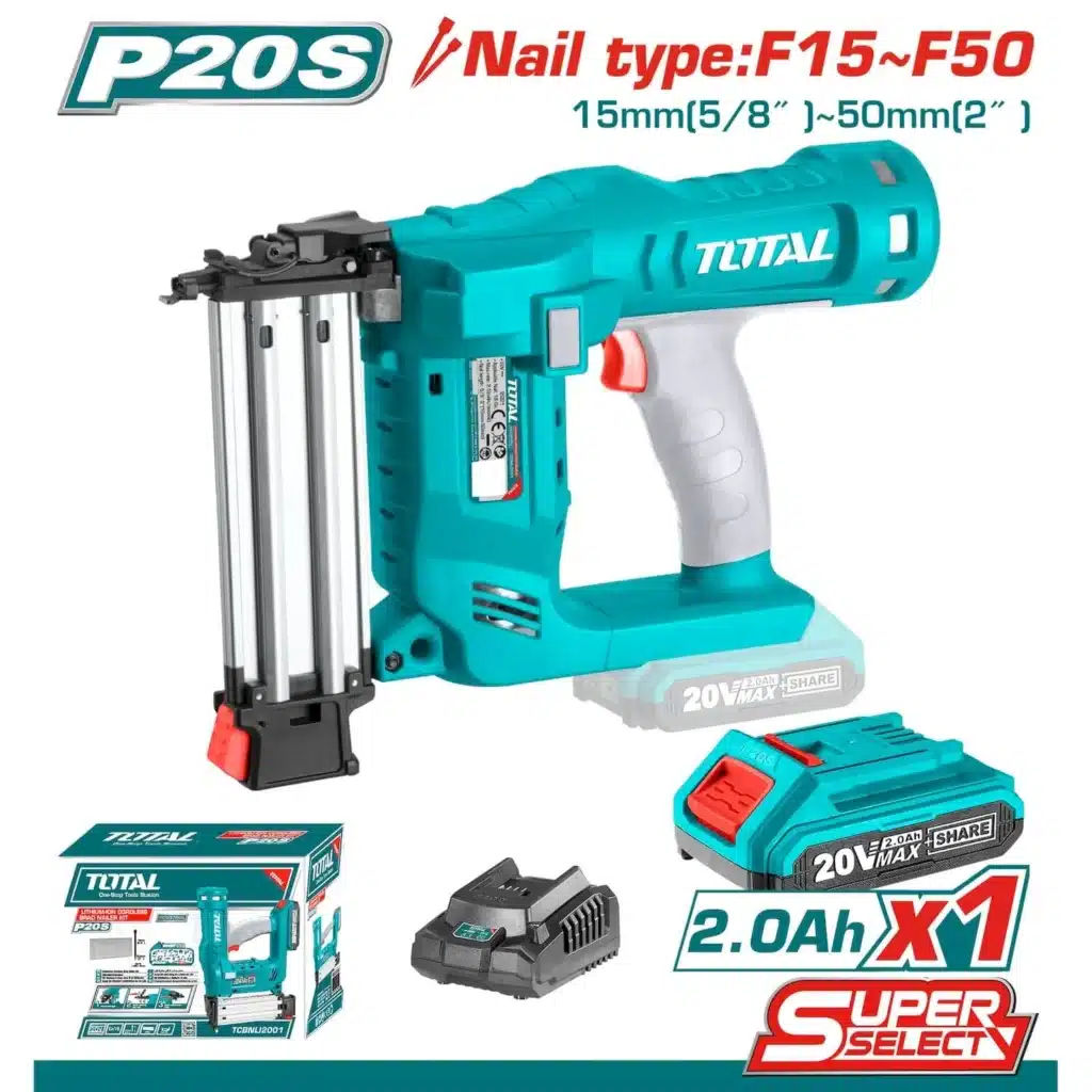 CLAVADORA DE PARED 20V LI-ION. CLAVOS TIPO F15~F50. CAPAC. :100 CLAVOS. SET +CARGADOR Y BATERIA 2.0AH TOTAL- TCBNLI2016