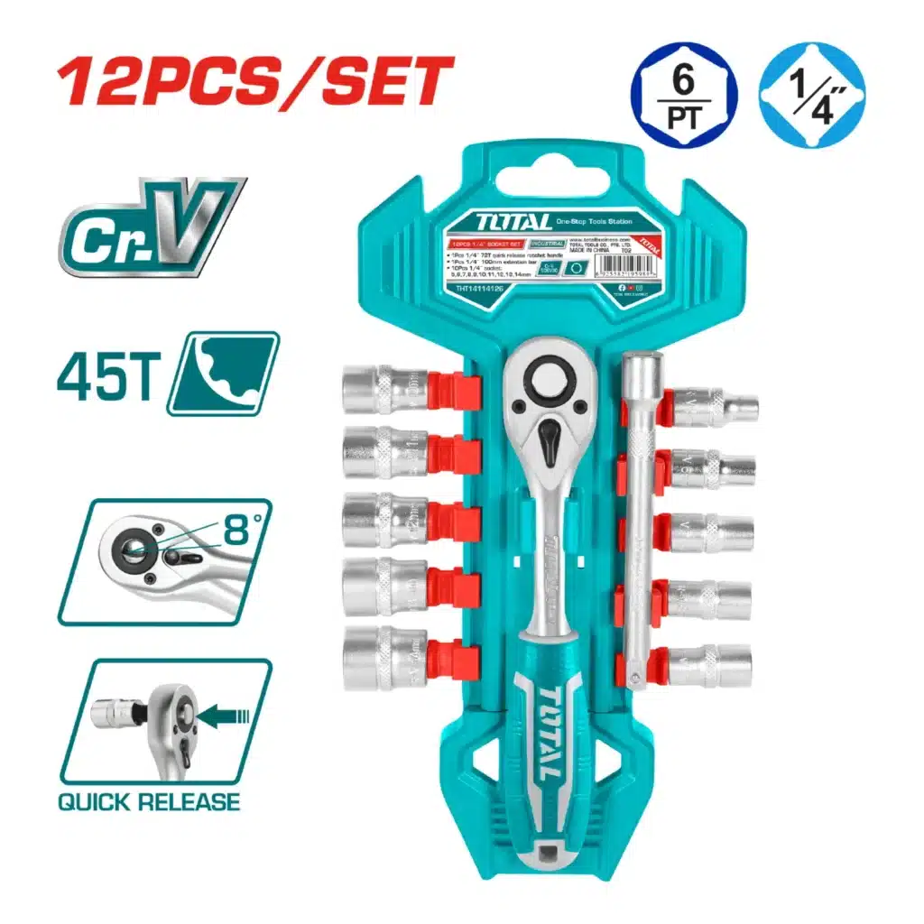 SET DE RATCHET Y DADOS 12 PIEZAS 1/4″ INDUSTRIAL – THT14114126