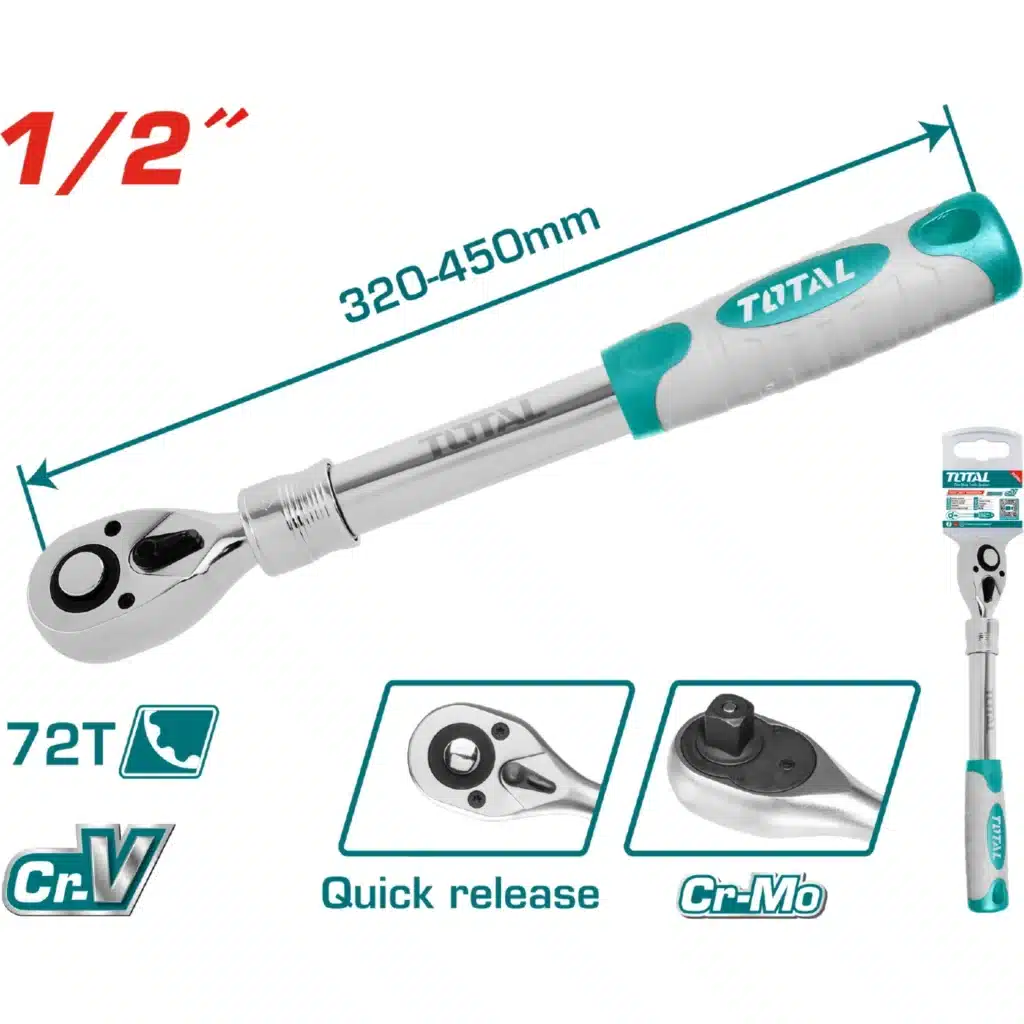 RATCHET 1/2′» 72T EXTENDIBLE 340-450MM CR-V + CROMO INDUSTRIAL – THT106128L