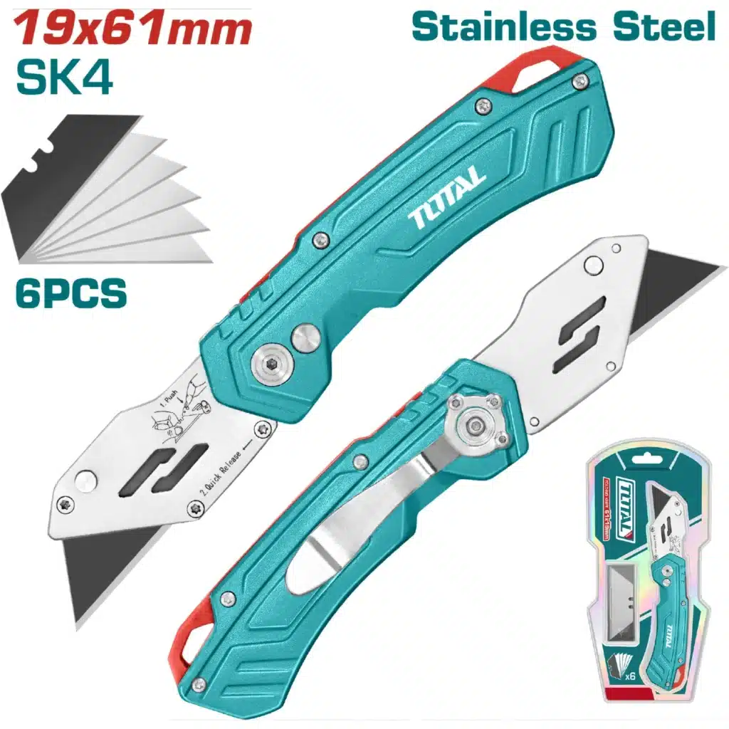 CUCHILLA CUTTER PLEGABLE ACERO INOX 180MM 165G. HOJA 61X19MM – THT5136288