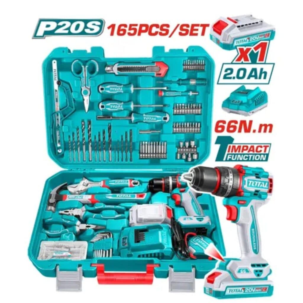 COMBO TALADRO PERCUTOR 20V + HERRAMIENTAS (165PIEZAS)  MALETIN INDUSTRIAL – THKTHP11652