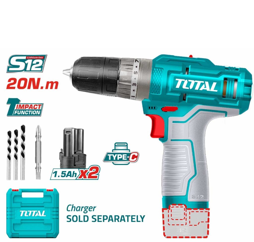 TALADRO PERCUTOR 12V S12 20NM 22500BPM 0.8-10MM 2X1.5AH TIPO C S/CARGADOR M/PLASTICO TOTAL -TIDLI12202