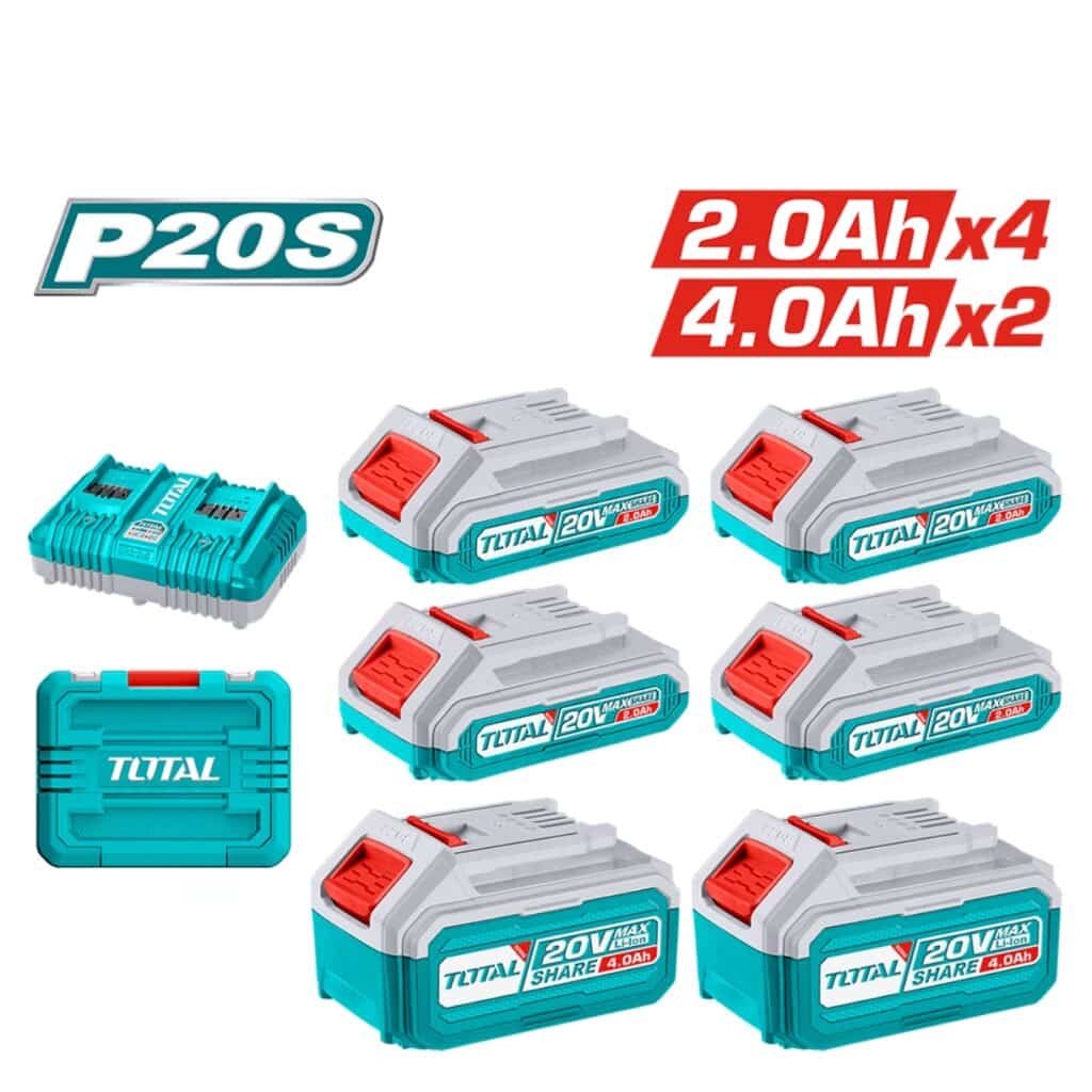 BATERIA PACK 6 UND 4X2.0AH + 2X4.0AH INC CARGADOR DUAL P20S INDUSTRIAL TOTAL- TOSLI230701