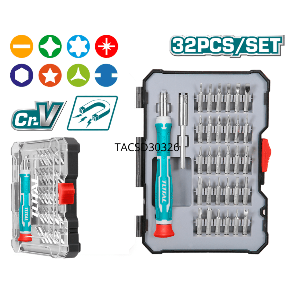 SET DE DESTORNILLADORES Y PUNTAS TOTAL TACSD30326 –  X32PCS CON ESTUCHE
