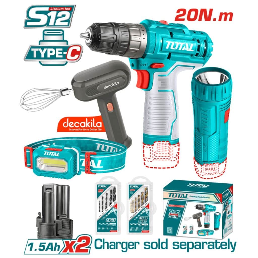 COMBO 4 EN 1 TALADRO + BATIDORA + LINTERNA + LAMPARA LI-ION 12V 0.8-10MM 0-1500RPM 20NM – TOSLI23115