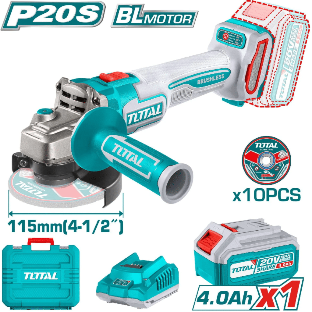 AMOLADORA 4.5″ BRUSHLESS LI-ION 20V 3000-9000RPM 115MM M14 1X4.0AH+CARGADOR Y MALETIN TOTAL – TAGLI211541