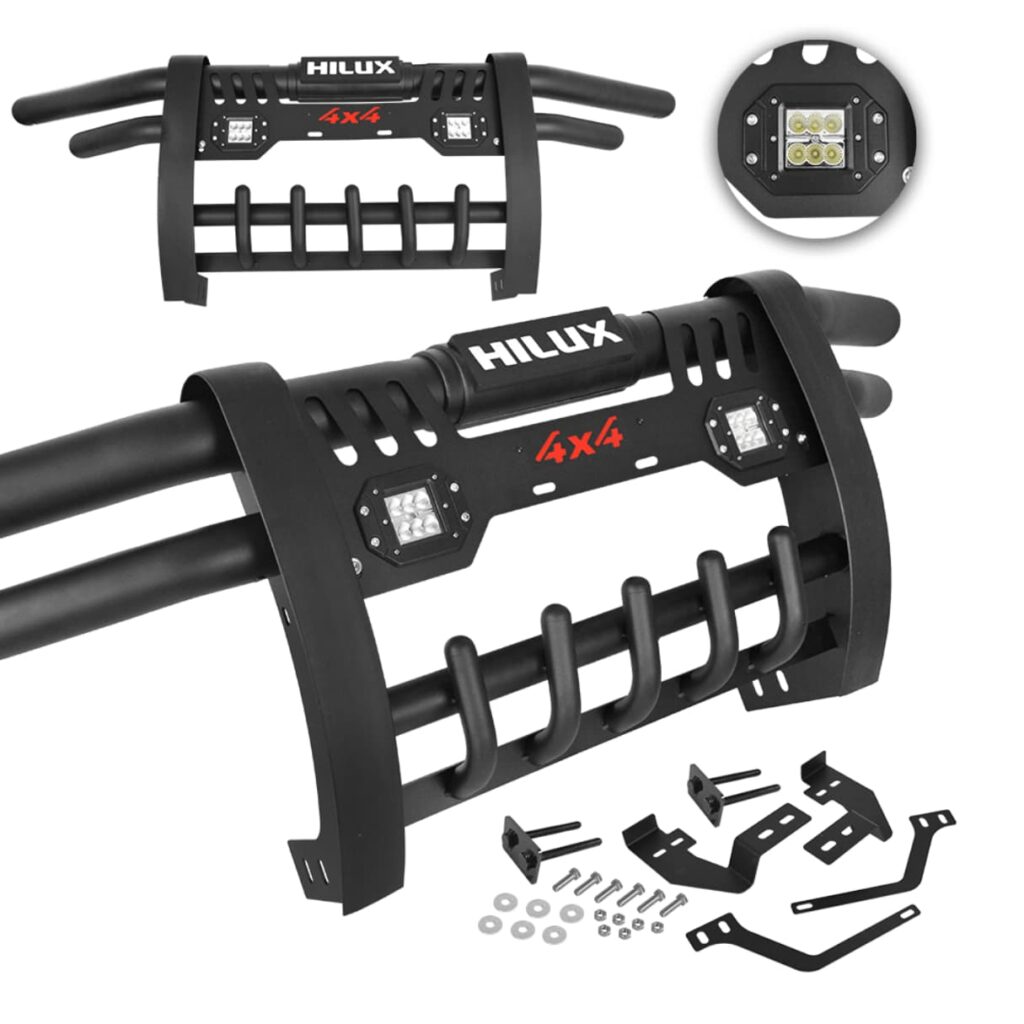 DEFENSA ACERO INOX NEGRO C/LUZ LED 18W P/TY HILUX REVO 8VA GENERACIÓN – D37005BK