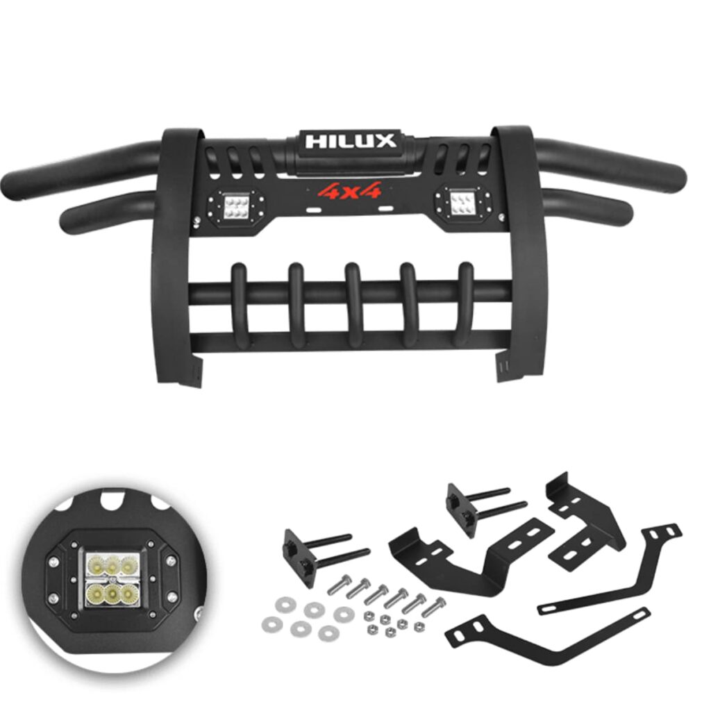 DEFENSA ACERO INOX NEGRO C/LUZ LED 18W P/TY HILUX REVO 8VA GENERACIÓN – D37005BK