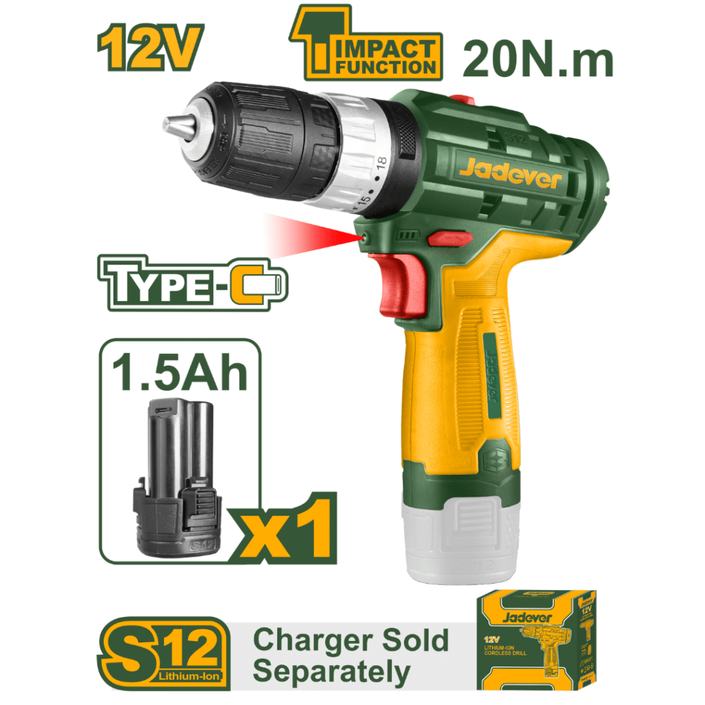 TALADRO DE IMPACTO 20NM 12V LI-ION 12V 1.5AH S12 0.8-10MM 0-1500RPM – JDCDS540