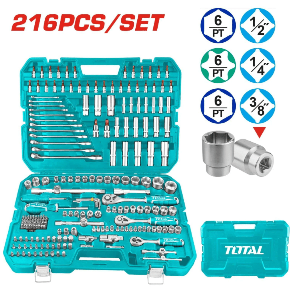 SET DE RACHET 216 PIEZAS  1/4″ 3/8″ 1/2″ MALETIN INDUSTRIAL – THKTHP22166