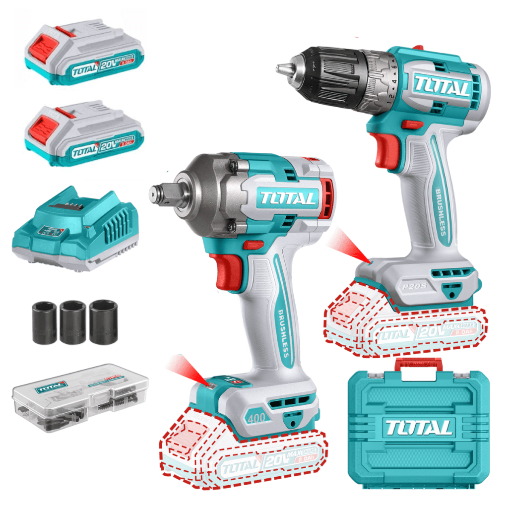 COMBO 2 EN 1 TALADRO 52NM + LLAVE DE IMPACTO 400NM BRUSHLESS LI-ION 20V 2X2.0AH MALETIN INDUSTRIAL – TCKLI20271