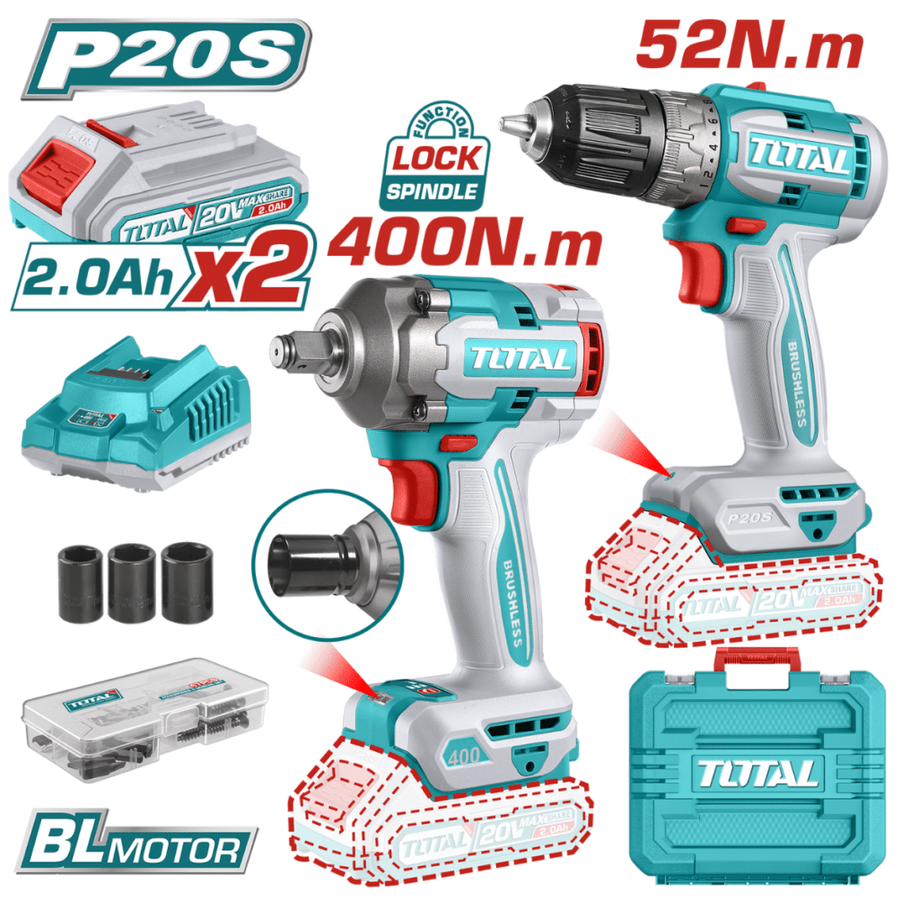 COMBO 2 EN 1 TALADRO 52NM + LLAVE DE IMPACTO 400NM BRUSHLESS LI-ION 20V 2X2.0AH MALETIN INDUSTRIAL – TCKLI20271