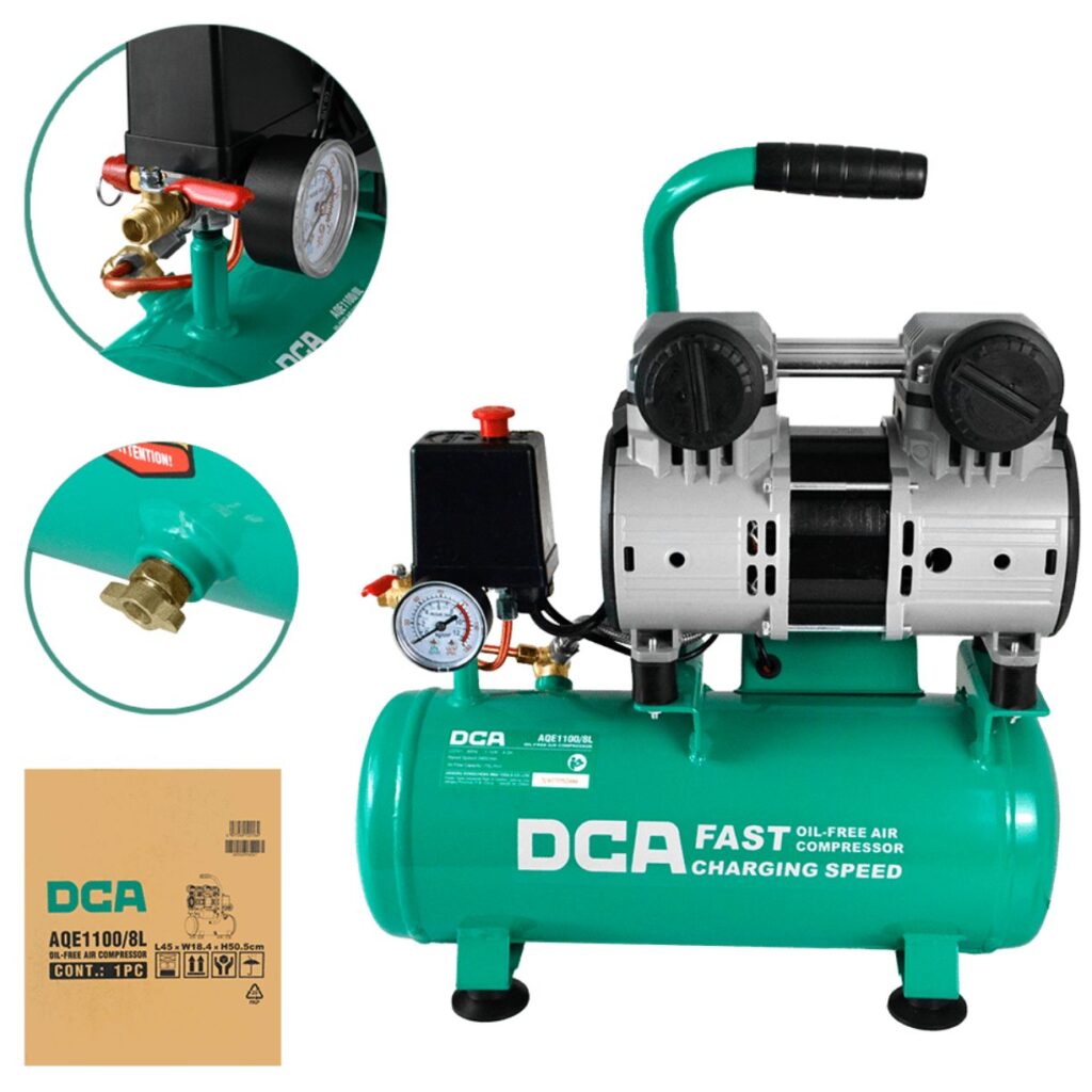 COMPRESORA 8 LITROS  LIBRE DE ACEITE1100W 2850/MIN 8BAR  70L/MIN – AQE1100/8L