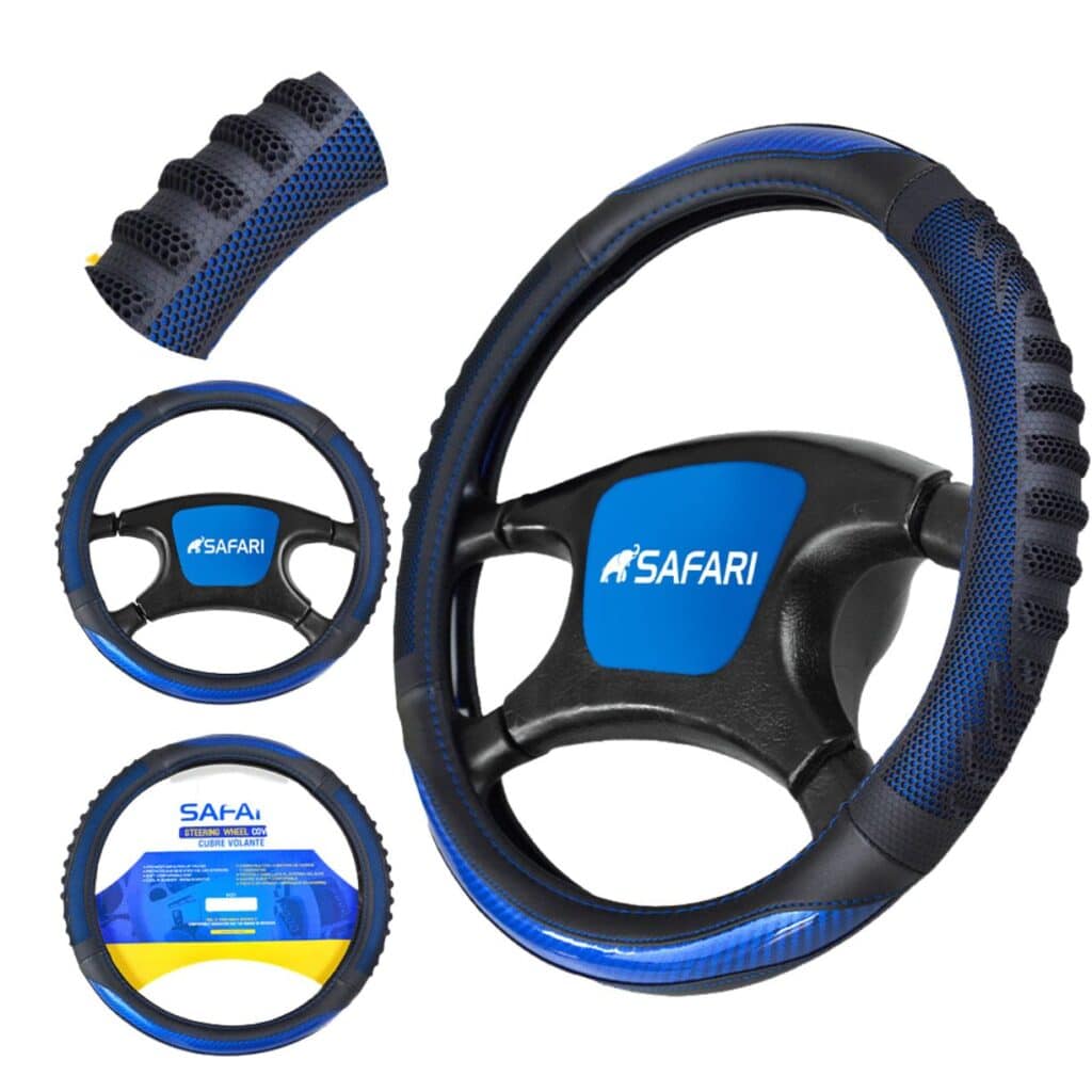 CUBRE VOLANTE PU NEGRO PANAL/CARBON AZUL – JX-233141/2