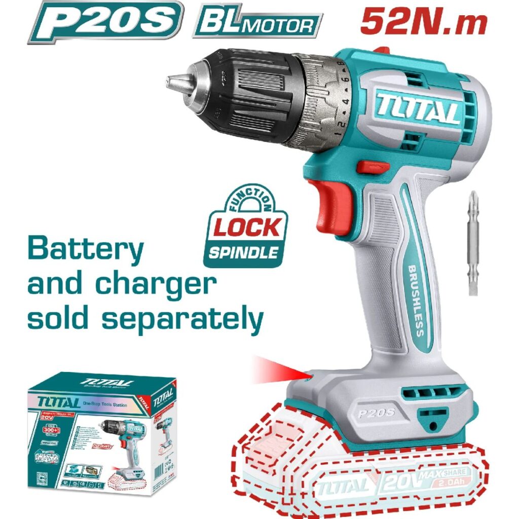 TALADRO 52NM  INALAMBRICO 0.8-10MM BATERIA Y CARGADOR POR SEPARADO  TOTAL- TDLI204531