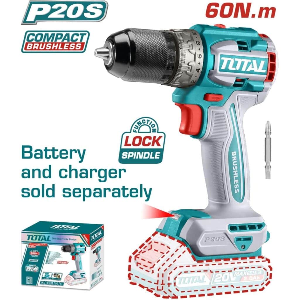 TALADRO 60NM INALAMBRICOL LI-ION 20V 13MM CARGADOR Y BATERIA POR SEPARADO  TOTAL- TDLI206021