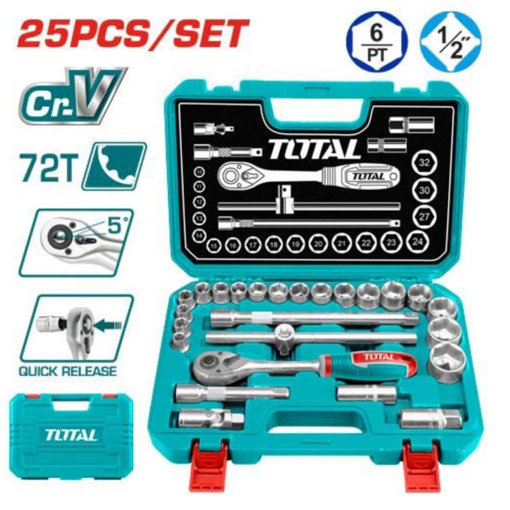 SET DE HERRAMIENTAS RACHET 1/2″ + ACCESORIOS 25 PIEZAS CR-V INCLUYE MALETÍN BMC   -THT121251