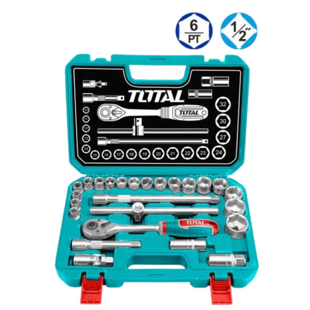 SET DE HERRAMIENTAS RACHET 1/2″ + ACCESORIOS 25 PIEZAS CR-V INCLUYE MALETÍN BMC   -THT121251