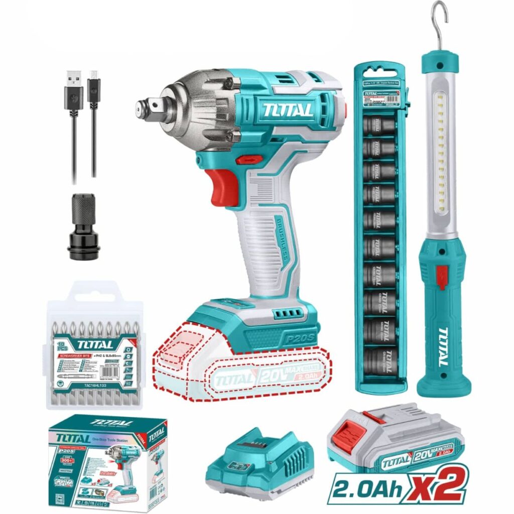 COMBO 3 EN 1  LLAVE DE IMPACTO 300NM + LUZ DE TRABAJO LI-ION 20V 1/2″ 2X2.0AH BRUSHLESS LI-ION 20V TOTAL – TOSLI231004