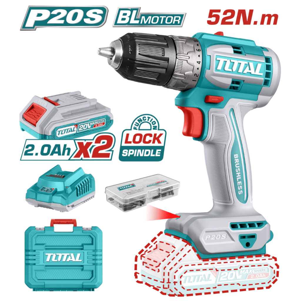 TALADRO 52NM  LI-ION 20V 2.0AH 10MM 22+1 MALETIN  TOTAL- TDLI20453