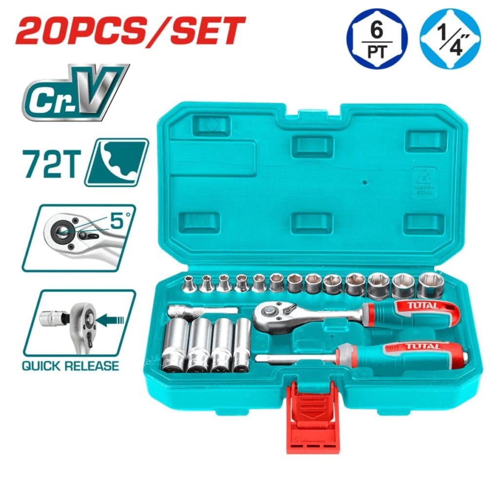 SET RACHET 1/4 + SOCKET CR-V ACERO 20PZS MALETIN BMC INDUSTRIAL – THT141201