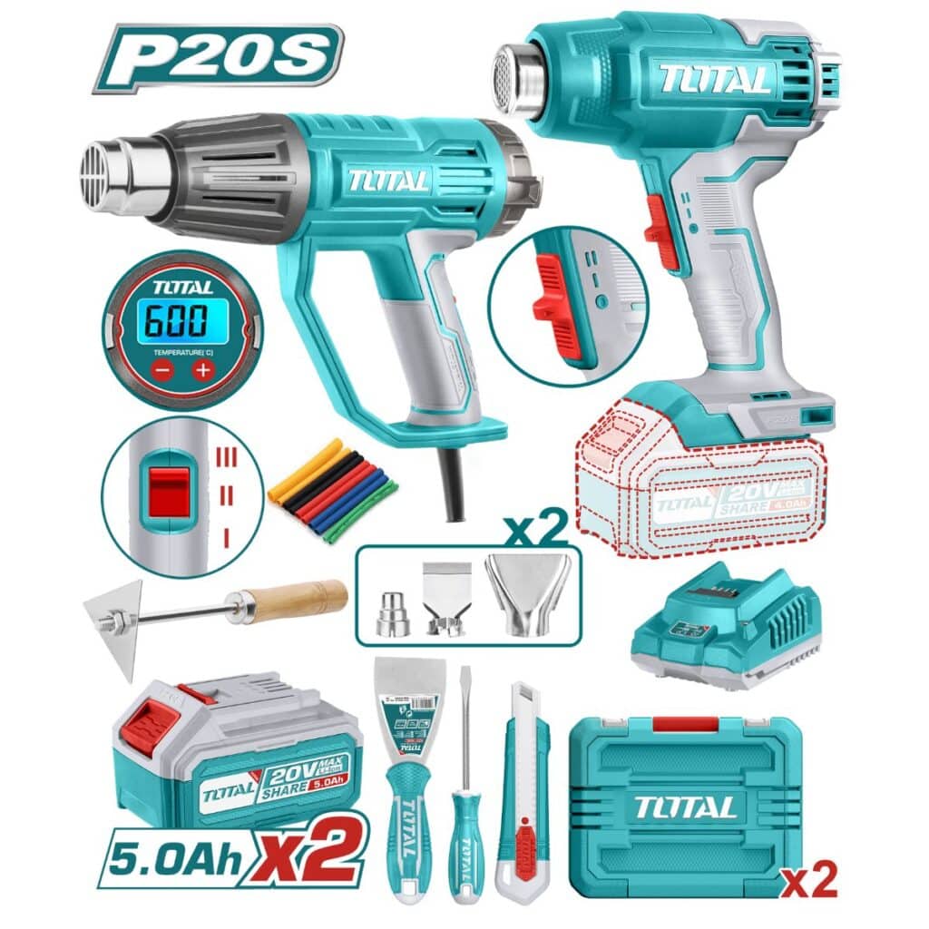 COMBO 2 EN 1 PISTOLA DE CALOR 2X5.0AH MALETIN + ACCESORIOS INDUSTRIAL – TOSLI250801