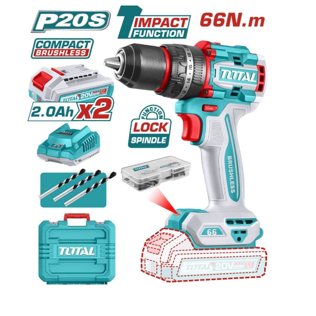 TALADRO PERCUTOR 66NM COMPACTO LI-ION 20V 13MM BRUSHLESS INDUSTRIAL  TOTAL- TIDLI20668