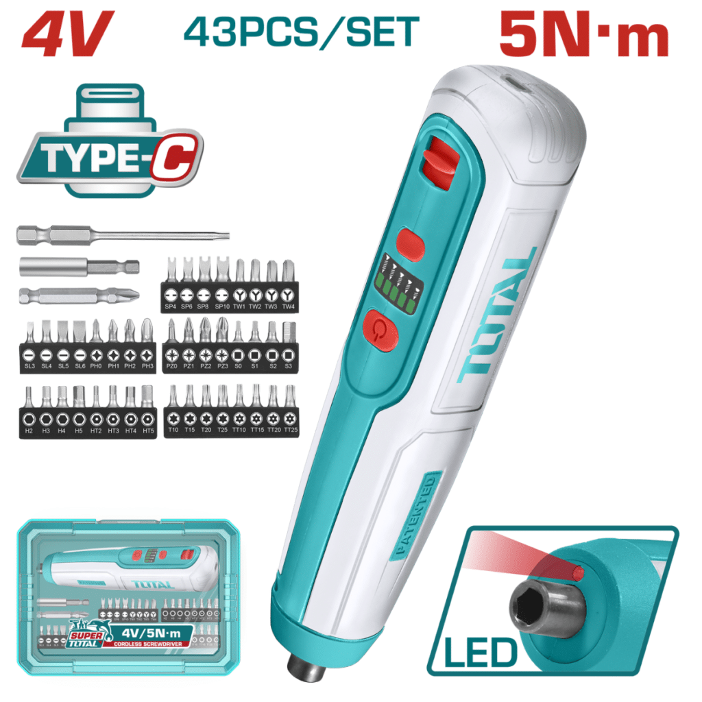 DESTORNILLADOR 4V HEX 1/4″ 240RPM TORQUE 5NM + ACCES ESTUCHE – TSDLI04062