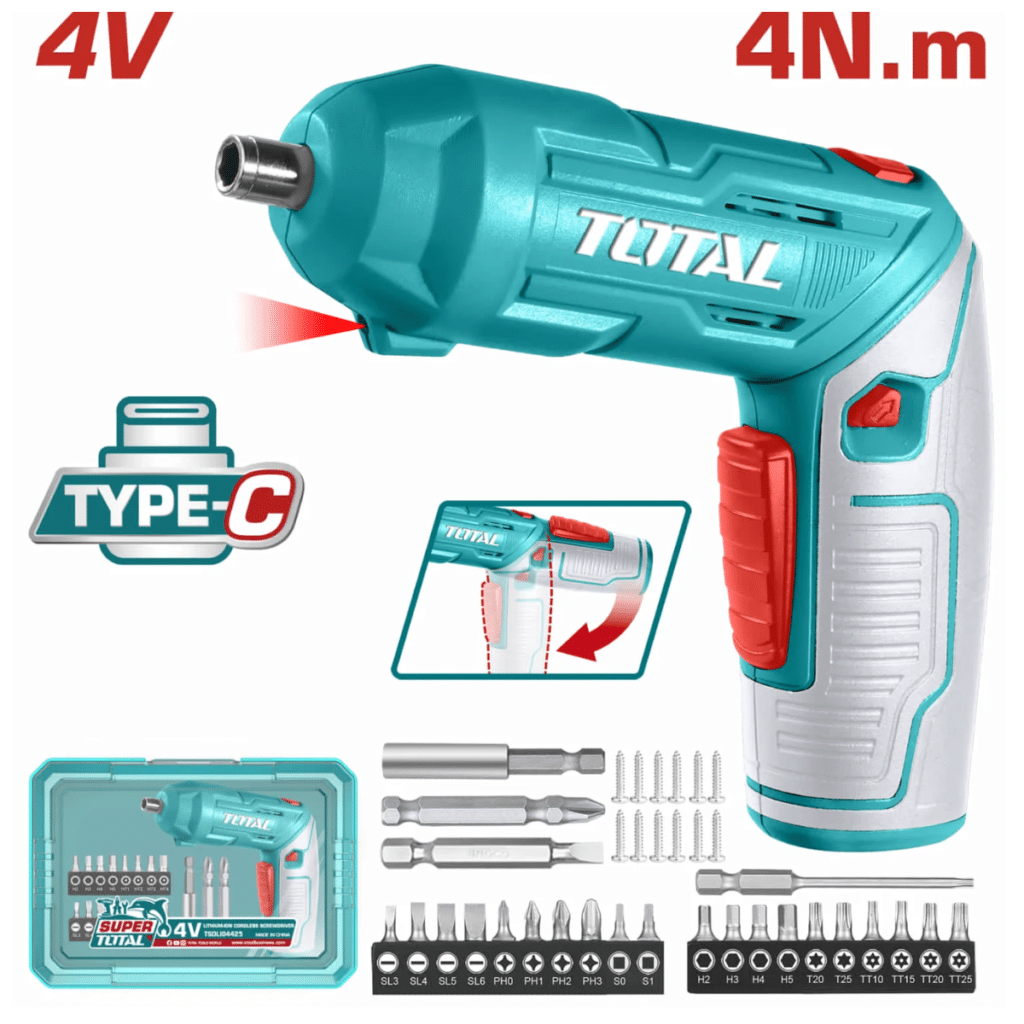 ATORNILLADOR AJUSTABLE 4V TIPO-C HEX 1/4” 240RPM 4N.M +ACC(24PCS) ESTUCHE – TSDLI04425