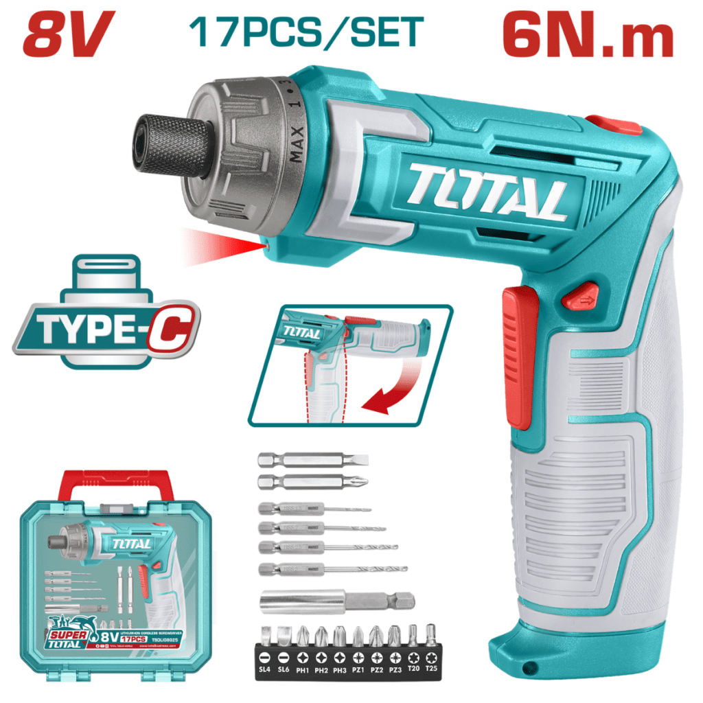ATORNILLADOR 8V HEX 1/4″ 220RPM TORQUE 6NM + ACCES ESTUCHE – TSDLI08025