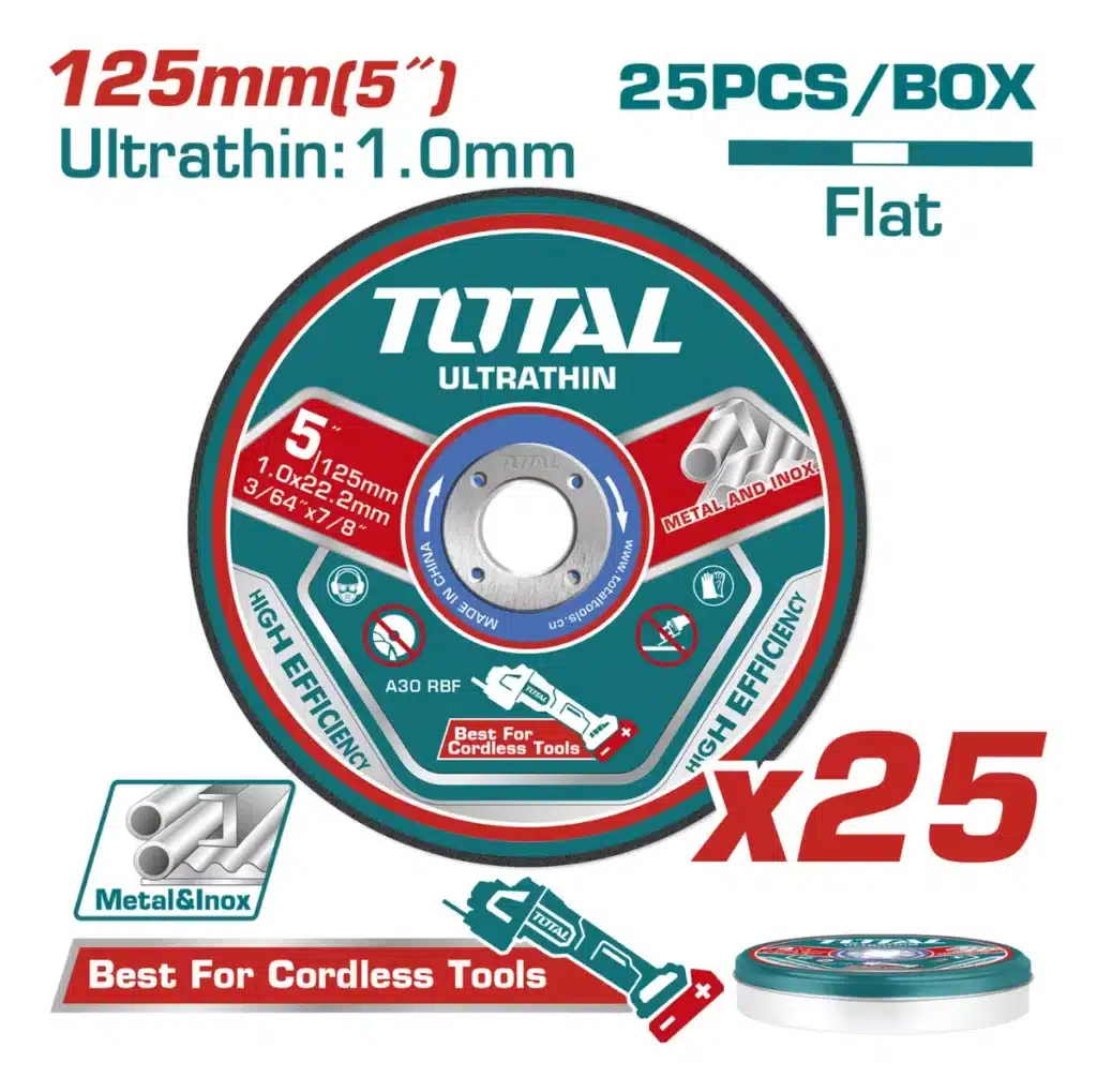 SET DISCOS DE CORTE 5″ 125X1.0X22.2MM ULTRA DELGADO 25PCS PLANO EN LATA – TAC21012525