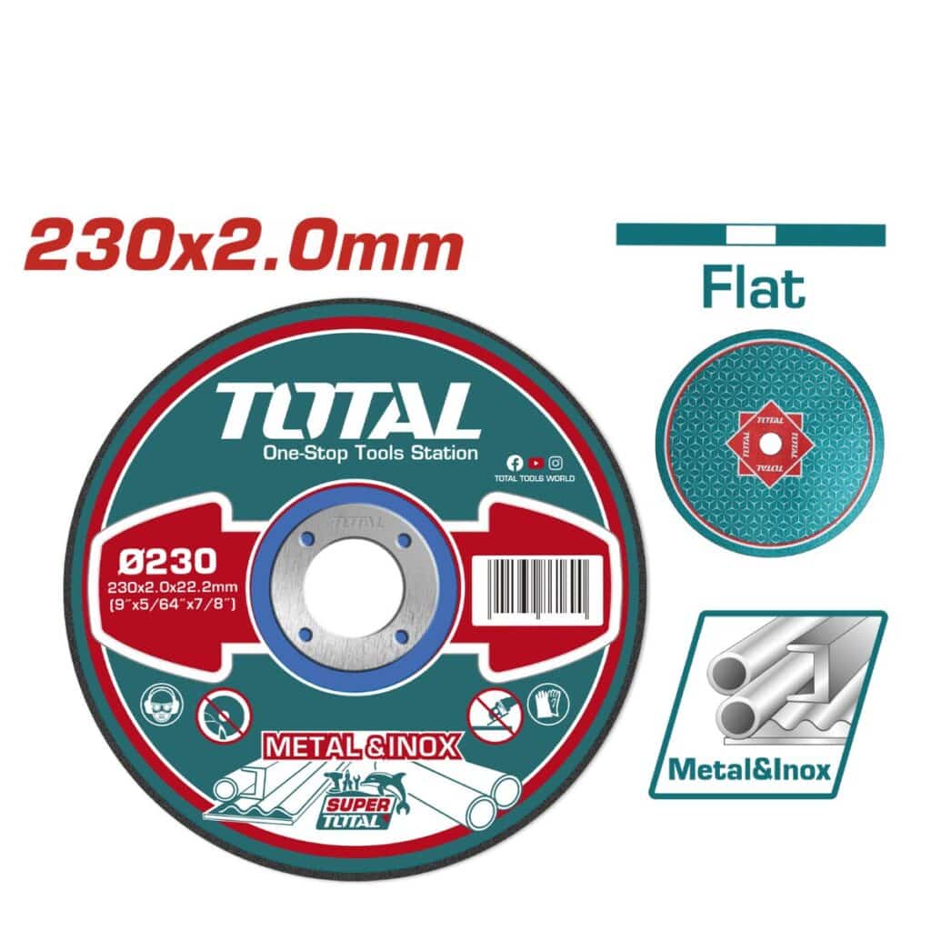 DISCO DE CORTE ABRASIVO PARA METAL 7″ 230MM X 2MM X 22.2MM CENTRO PLANO TOTAL- TAC2202301