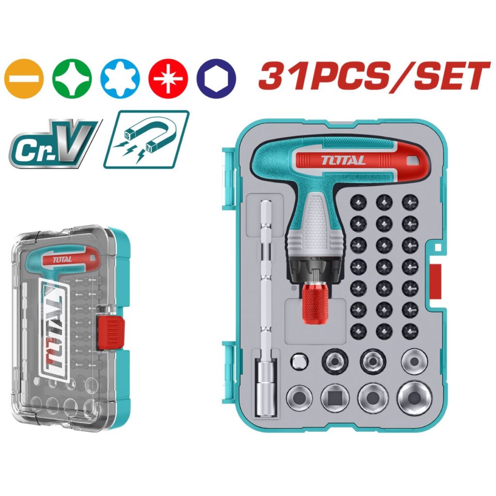 ATORNILLADOR RACHET + PUNTAS 31PZS MAGNETICO CRV ESTUCHE – TACSD30316