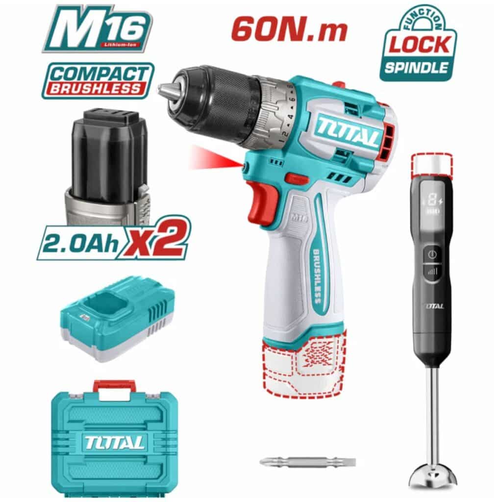 COMBO 2 EN 1 TALADRO 16V + BATIDORA DE MANO 2X2.0AH + MALETIN INDISTRUAL – TCKLI1628