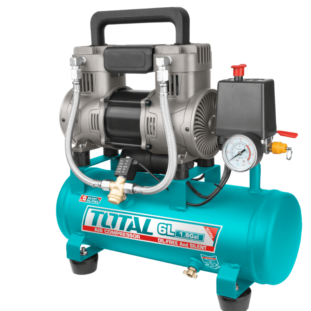COMPRESORA 6 LITROS LIBRE DE ACEITE 1.5HP 67DB 8BAR 3400RPM – TCS1110062-5