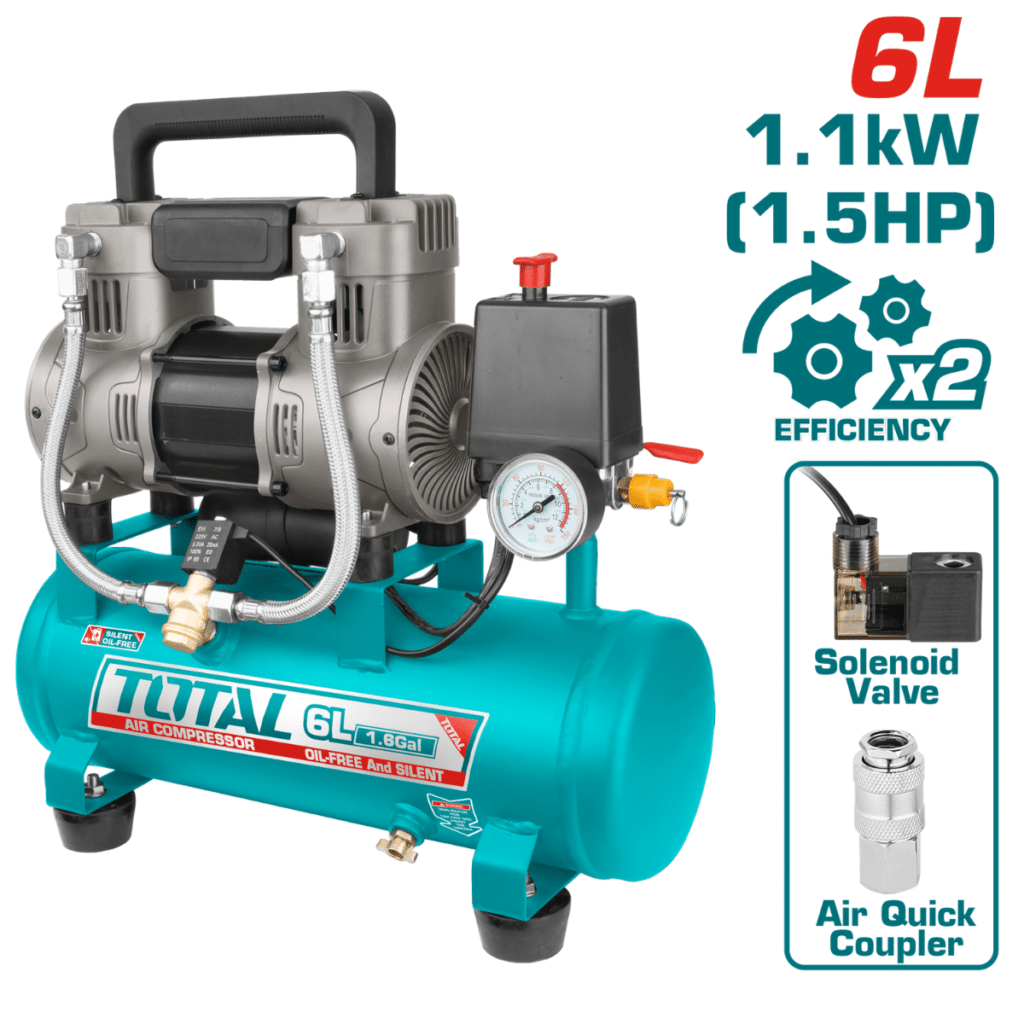 COMPRESORA 6 LITROS LIBRE DE ACEITE 1.5HP 67DB 8BAR 3400RPM – TCS1110062-5