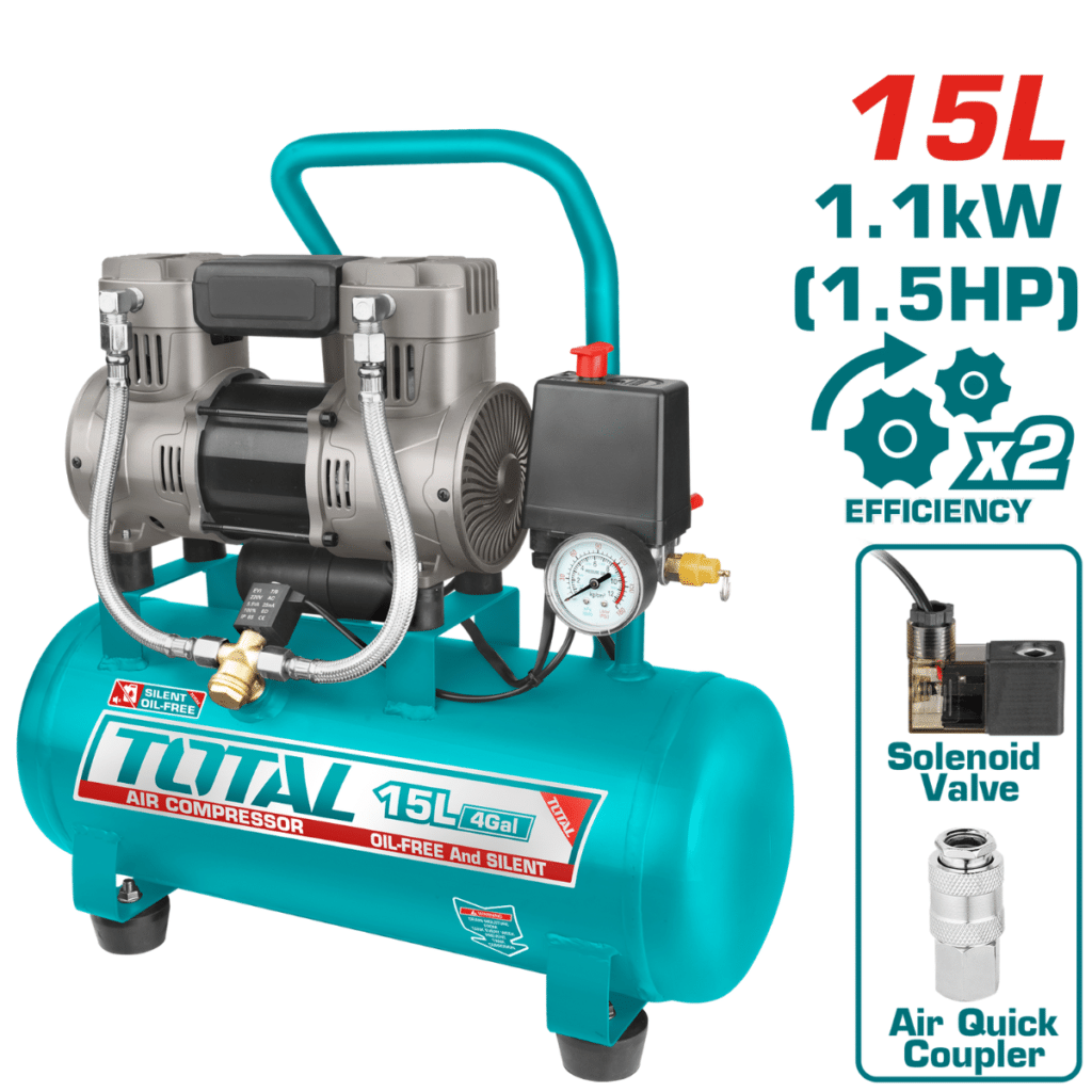 COMPRESORA 15 LITROS LIBRE DE ACEITE 1.5HP 67DB 8BAR 3400RPM – TCS1110152-5