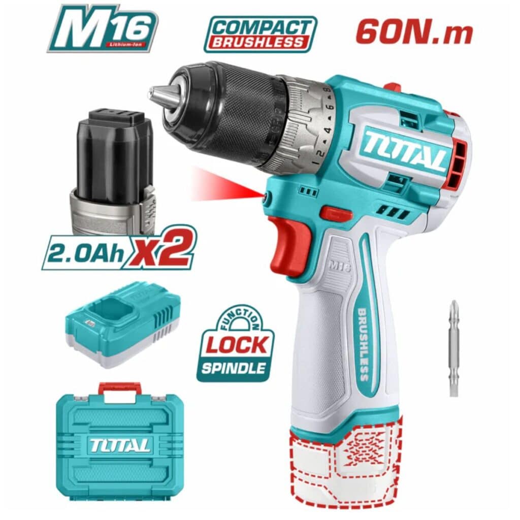 TALADRO COMPACTO 16V 60NM 13MM 22+1 2X2.0AH + MALETIN INDUSTRIA TOTAL- TDLI16682