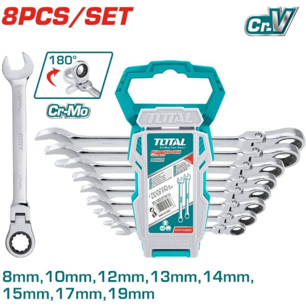 SET LLAVES RACHET 8PCS CR.V+CR-MO 8-19MM AJUSTABLE 180º – THT102RK586