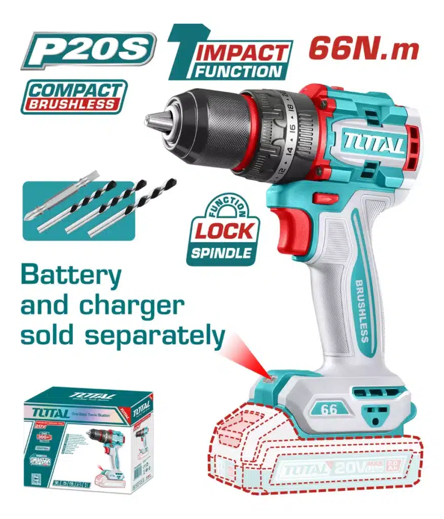 TALADRO PERCUTOR COMPACTO 66NM BRUSHLESS LI-ION 20V 13MM  INDUSTRIAL NO INCLUYE BATERIA Y CARGADOR  TOTAL- TIDLI206681