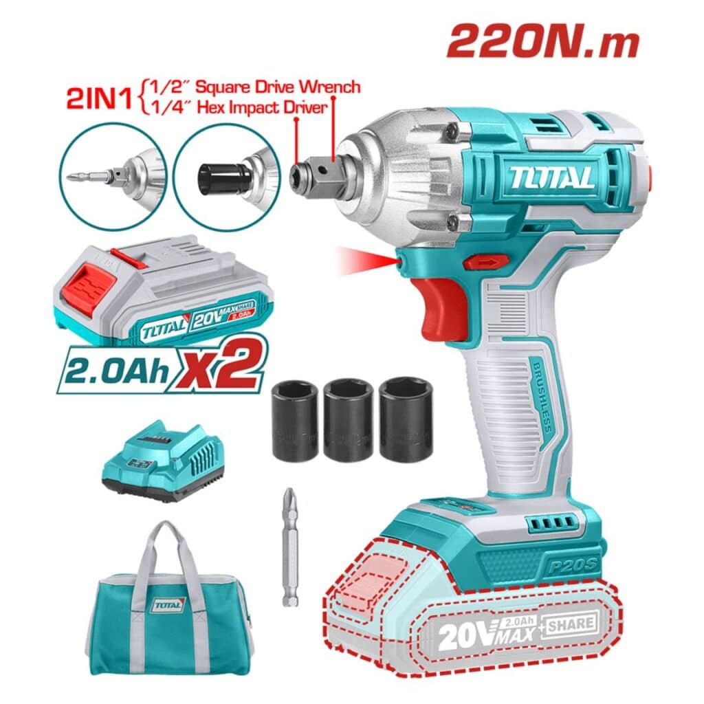 LLAVE DE IMPACTO (CON ATORNILLADOR ) 220NM 1/2″  BRUSHLESS LI-ION  MOTOR 20V 2X2.0AH MALETIN TOTAL- TIWLI20208