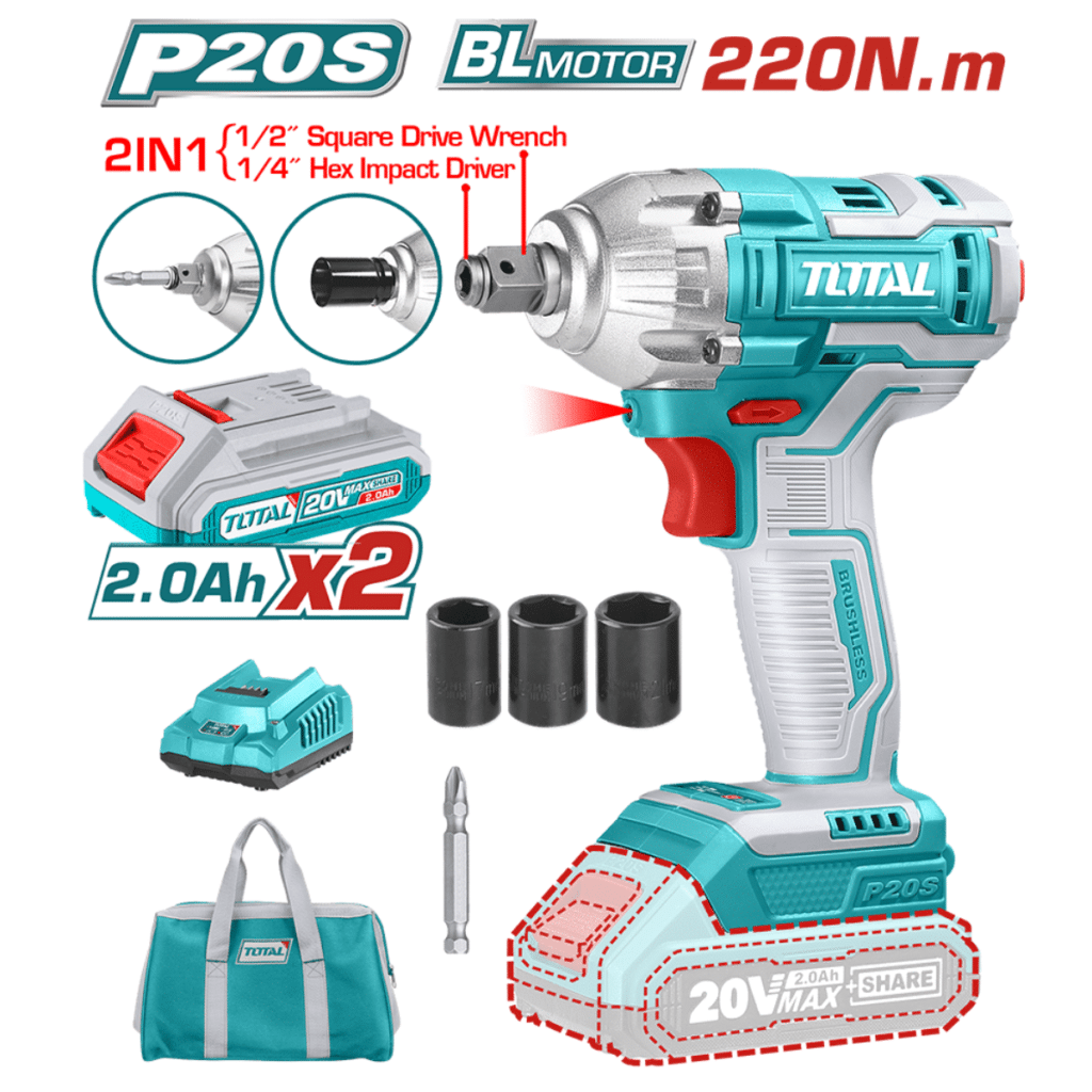LLAVE DE IMPACTO (CON ATORNILLADOR ) 220NM 1/2″  BRUSHLESS LI-ION  MOTOR 20V 2X2.0AH MALETIN TOTAL- TIWLI20208