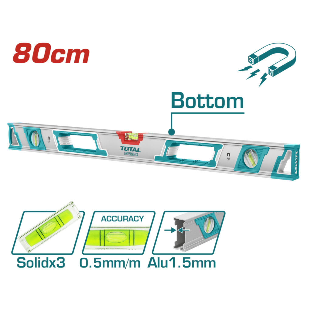 NIVEL DE BURBUJA X3 ALUMINIO 80CM 1.5MM PRES:05MM MAGNETICO INDUSTRIAL – TMT28086M
