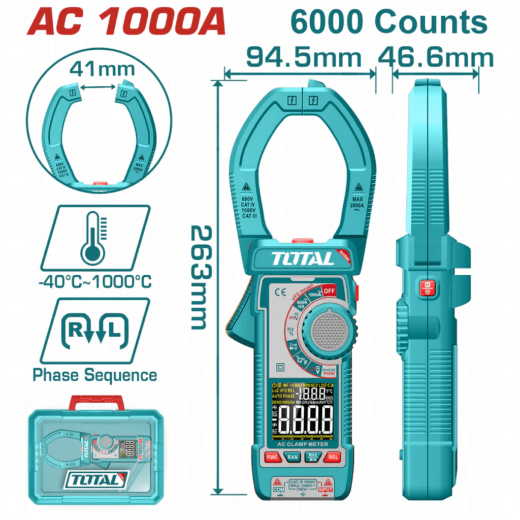 PINZA AMPERIMETRICA AC 1000A 6000 CONTEOS A:41MM MALETIN INDUSTRIAL TOTAL- TMT7610001