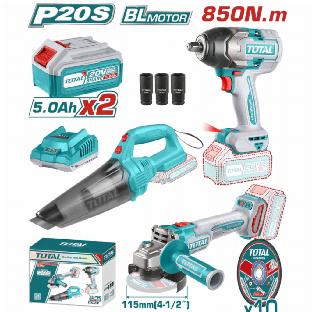 COMBO 3 EN 1 LLAVE DE IMPACTO 850NM + ASPIRADORA + AMOLADORA 4.5″ 2X5.0AH INDUSTRIAL – TOSLI240789